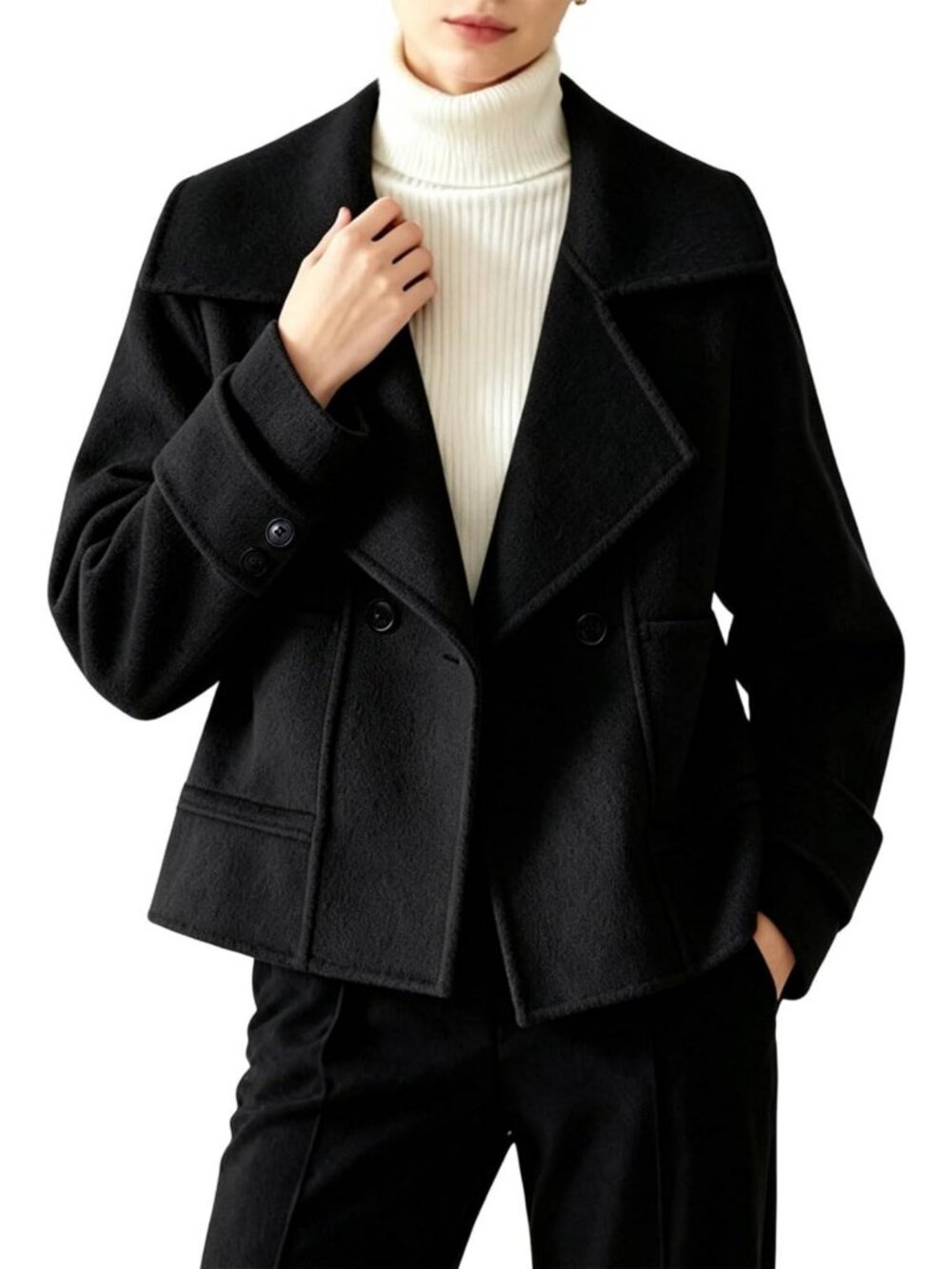 Chic Women's Cropped Wool Peacoat with Notched Lapel & Pockets - Stylish